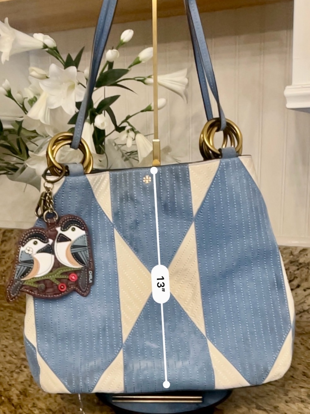 Tory Burch Patchwork suede blue and white Farrah tote - Picture 5 of 16
